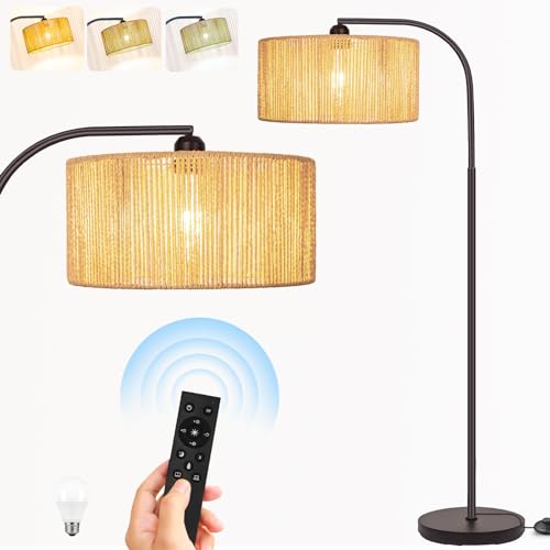 Brilvibera Boho Floor Lamp with Dimmable Bulb Rattan Double Shade Lamp | Stepless Dimmable Bulb and Remote Control, Bronze Rustic Farmhouse Floor Lamps for Living Room, Bedroom, Office, Classroom - style: Retro-Bronze