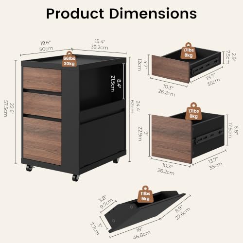 Mobile File Cabinet Under Desk with 3 Drawer, Office Storage Cabinet | Rolling Wood Printer Stand w/ Unique Side Shelf for Binders, Large Capacity Organizer for Home Office