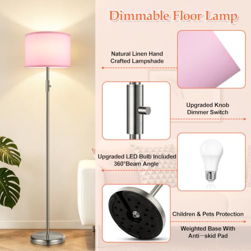 Floor Lamp Simple Design with Shade, Small Tall Lamps for Living Room Bedroom Office Dining Room Kitchen-Nickel - color: Nickel-Pink Shade