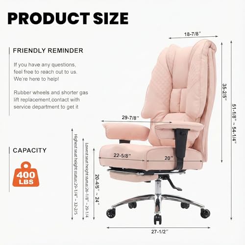 EXCEBET Big and Tall Office Chair 400lbs Wide Seat, Leather High Back Executive Office Chair with Foot Rest, Ergonomic Chairs Lumbar Support for Lower Back Pain Relief (Light Pink) - color: Bright Pink