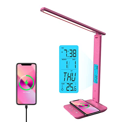 Desk Lamp, LED Desk Lamp with Wireless Charger, USB Charging Port, Table Lamp with Clock, Alarm, Date, Temperature, Office Lamp, Desk Lamps for Home Office, Pink - color: Pink