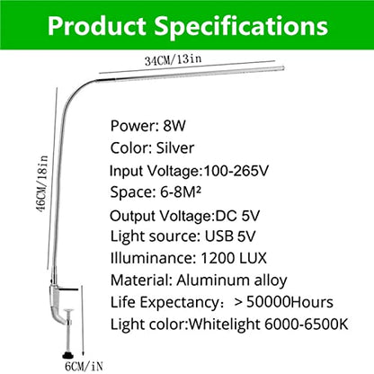 USB LED Desk Lamp, Adjustable Clip On Nail Lamp Light Eye Care Gooseneck 360° Swivel with Switch LED Clamp Light for Manicure Reading Tattoo - color: ‎Monochromatic Light