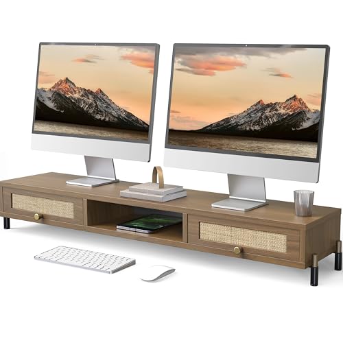 Fenge Dual Monitor Stand, Wooden Riser With Rattan Woven Flip Drawers | 2-Tier Monitor Riser, 42.5in Long Desk Shelf for 2 Monitors, Vintage Computer Stand for Laptop, Printer, TV, Brown
