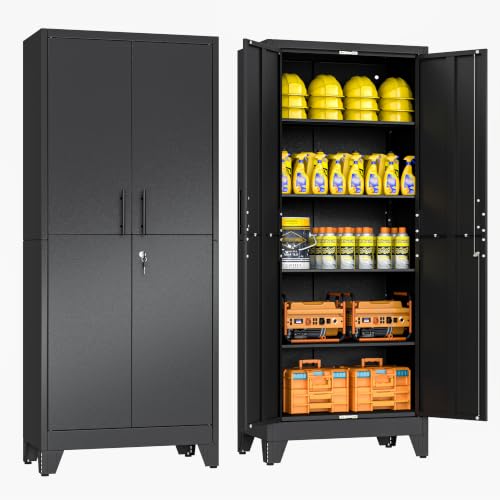 70.86" Metal Storage Cabinet for Garage, Tool Cabinet, Utility Cabinet | Heavy Duty Steel Cabinet, Lockable, 2 Doors, 4 Adjustable Shelves, Assembly Required, Black - color: Black, size: 13.78"D x 25.98"W x 70.86"H