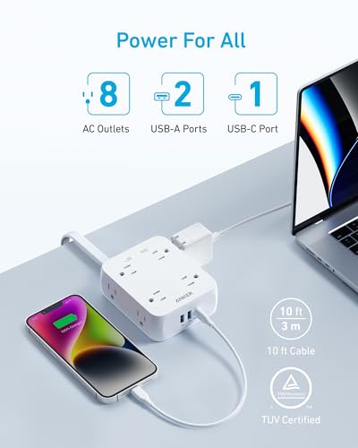 Anker Power Strip with 2000J Surge Protector, 10ft Outlet Extender, 20W 8AC (Pack of 2) - color: Shell White, size: 10FT (Pack of 2)