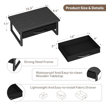 Ekisemio 2-Tier Monitor Stand with Fabric Drawer – Wood and Metal Computer Riser, Desk Organizer for Office, Black