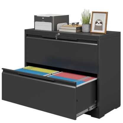 2 Drawer Lateral Metal File Cabinet, Home Office Storage Filing Cabinet with Hanging Bars & Keys, Compatible with Legal Letter A4 F4 Size Hanging Folders,Black,Require Assembly - color: Black, size: 2 Drawer-36"W