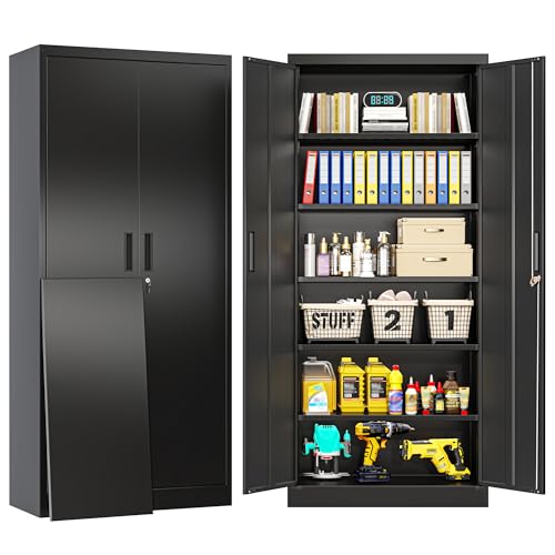 BESFUR Metal Storage Cabinet, 71" H Locking Storage Cabinet with 5 Adjustable Shelves, Metal Cabinets for Garage, Office, Home, Classroom- Black - color: Black, size: 71"H x 32"W x 16"D