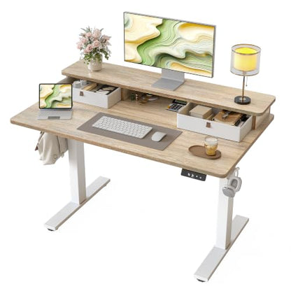 TIQLAB 40 * 24 inch Standing Desk with Two Drawers&Top Shelf, Maple | Smooth Height Adjustment, 2 Memory Presets, One-Touch Control, Stable Steel Frame, 176 lbs Capacity, Easy Assembly - color: Maple, size: 40*24 inch without keyboard tray