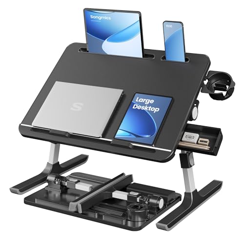 SONGMICS Bed Laptop Desk, Foldable Bed Desk for Laptop, 15.7 x 22 Inches Large Desktop, 120° Stepless Tilt, Adjustable Height, Cup Holder, Tray, Portable Bed Sofa Table, Ink Black ULLD113BC01 - color: Ink Black