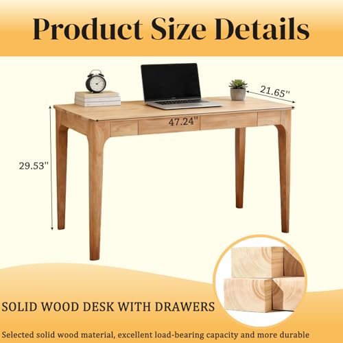 KEIKI Solid Wood Writing Desk with Drawers, 47" Computer Desk for Home Office Work, Study, Natural - color: Natural