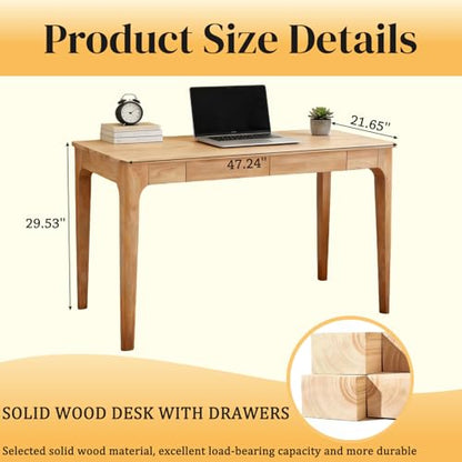 KEIKI Solid Wood Writing Desk with Drawers, 47" Computer Desk for Home Office Work, Study, Natural - color: Natural
