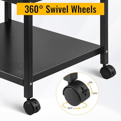 Under Desk Printer Stand with Wheels, 3-Tier Heavy Duty Rolling Cart with Adjustable Storage Shelf, Industrial Printer Table for Printer, Scanner, Home, Office, Black