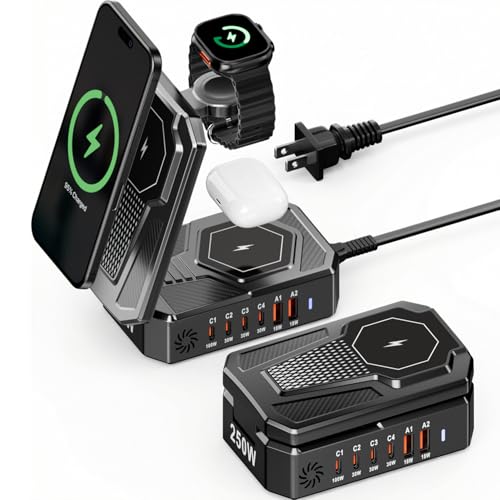 9-in-1 Magnetic Charging Station Foldable - 250W Hub with 100W USB-C for Laptops, 3-in-1 Wireless Dock for Phones/Watches/Earbuds
