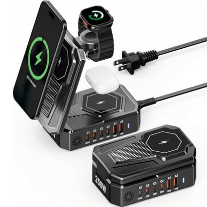 9-in-1 Magnetic Charging Station Foldable - 250W Hub with 100W USB-C for Laptops, 3-in-1 Wireless Dock for Phones/Watches/Earbuds