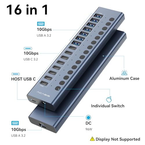 ACASIS 16 Ports Powered USB 3.2 Hub (8 USB-A 3.2 +8 USB-C 3.2), 10Gbps | Individual On/Off Switch for Each Port • Aluminum Housing • Better Heat Dissipation • Plug & Play • 96W Power Adapter - color: Gray