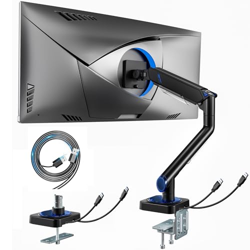 ARES WING 17-49 Inch Monitor Arm Ultrawide Monitor Mount with USB, Black | Heavy Duty Mechanical Spring Monitor Stand Adjustable Arms Holds up to 44lbs, 75/100 VESA Mount with Clamp/Grommet Base