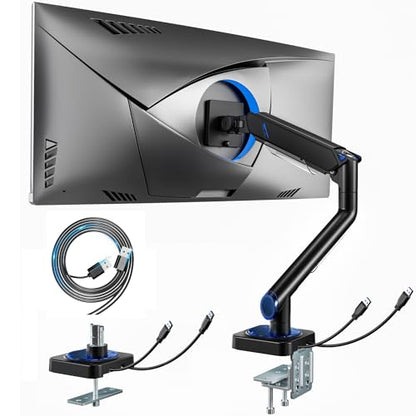 ARES WING 17-49 Inch Monitor Arm Ultrawide Monitor Mount with USB, Black | Heavy Duty Mechanical Spring Monitor Stand Adjustable Arms Holds up to 44lbs, 75/100 VESA Mount with Clamp/Grommet Base