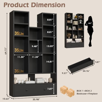 PUKAMI 65" Tall Bookshelf with Drawers, 4-Tier Open Display Bookcase with 11 Storage Cubes, Modern Freestanding Organizer for Living Room Home Office, Black - color: Black
