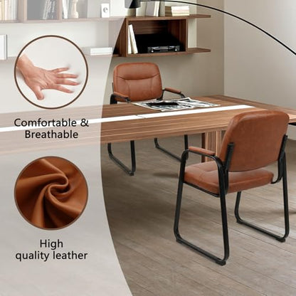 CLATINA Waiting Reception Chairs No Wheel, Leather Guest Chair with Padded Arms, Modern Brown Office Desk Chairs with Sled Base for Office Meeting Conference Room Lobby Home Living Room (2 Pack) - color: Brown-sled Base, size: 2pack