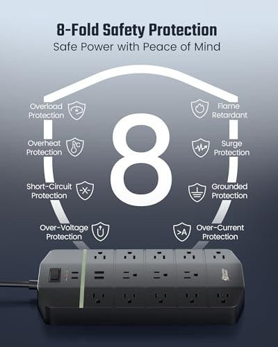 SUPERDANNY Power Strip Surge Protector 5000J, 6.5FT, 15A, PD 20W, 13 AC - color: Black, size: 6ft