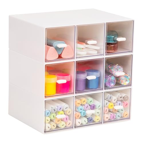 Mind Reader Modular Craft Organizer, 9 Clear Drawer Desktop Storage, Stackable Interlocking Units for Art Supplies, Office and Hobby Storage, Plastic, Set of 3, White - color: White 9 Drawer Organizer