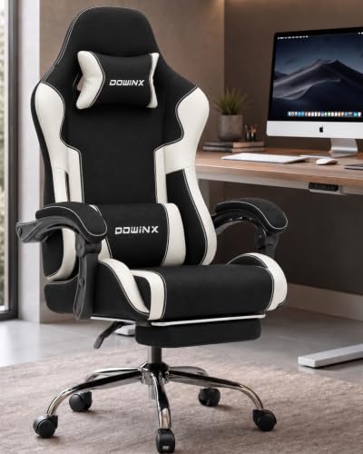 Dowinx Ergonomic Gaming Chair with Footrest & Massage Lumbar, 2D-Linkage Armrests for Computer Chair 330lbs with Headrest Pillow for Office, Home, Streaming and Long Gaming Sessions, Fabric White - color: Black White