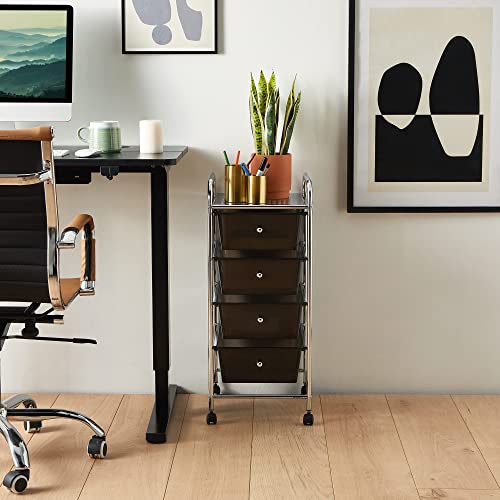 VonHaus 4 Drawer Plastic Storage Trolley, Multipurpose Storage Drawer Rolling Cart, Unit Home Office Stationery Organisation, Make-up, Beauty - Mobile Design 4 Tier Shelving and Castor Wheels - Black