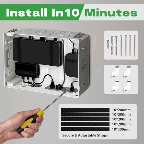 9" Recessed in-Wall TV Media Box with 5 Reusable Cable Ties, Cable Management & Network Enclosure for Wall Mounted TVs, Compatible with Roku, Apple TV, Fire TV Stick, Samsung One Connect Mini
