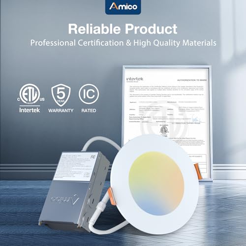 Amico 12 Pack 4 Inch LED Recessed Lighting, Canless Wafer Downlight, White | 5CCT 2700K-5000K, 5%-100% Dimmable, Ultra-thin, Metal housing, 800LM 11W 120V, IC & Damp Rated, ETL & FCC, 50000h Life Span - color: White, size: 4 Inch