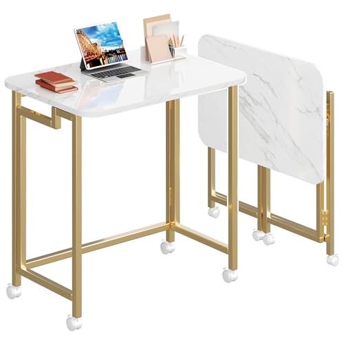 4NM 23.6" Mobile Small Rolling Computer Desk, Folding Laptop Cart Table with Wheels, Portable Office Desk for Small Space Couch Bed - White and Golden - color: White and Golden, size: 23.6"