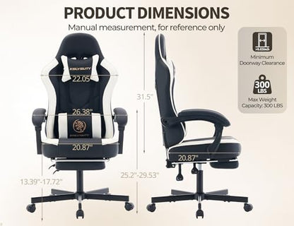 Office Desk Computer Gaming Chair for Adults, Ergonomic High Back Gamer Chair with Massage and Pocket Spring Cushion, Swivel Comfy Video Game Chairs with Footrest and Lumbar Support (Black White) - color: Base White Leather