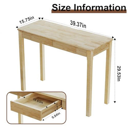 Solid Wood Desk with Drawers - 39 x 16 Inch Simple Narrow Desks, Rubber Wood Study Table, Small Writing Desk for Small Spaces|Bedroom - Natural Boho Desks - color: Natural, size: 39.4 in W x 15.7 in D