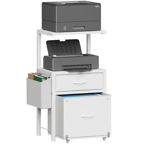 HIGDBFE File Cabinet with 2 Fabric Drawers & Dual Shelves, White | 2-Tier Printer Storage, Letter File Drawer, Reversible Side Bag, Smooth Drawer Slides, Rolling Support Board Prevent Collapse - color: White