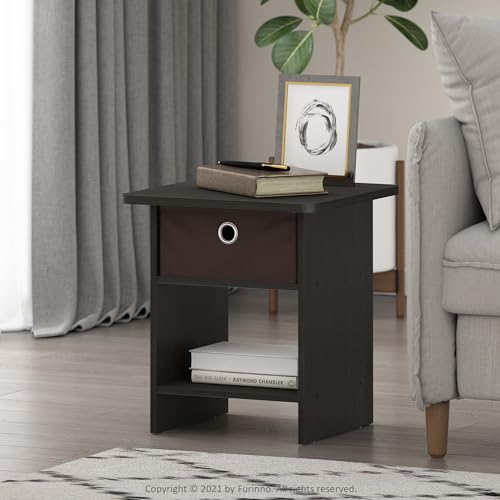 Furinno Dario End Table / Side Table / Night Stand / Bedside Table with Bin Drawer, 2-Pack, Espresso/Brown | with Storage Bin, Round Corner Night Stand, Bedside Table with Open Back Shelf, for Living Room, Bedroom - color: Espresso/Brown, size: 2-Pack, Up