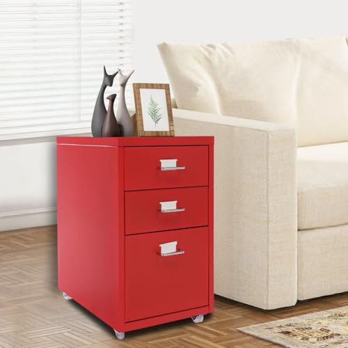 3 Drawers File Cabinet, 16 * 11 * 18.9In Aluminum Alloy Mobile Filing Cabinet Rolling Filing Cabinets Rectangular Storage Cabinets with Lock&4 Wheels for Kitchen Bedroom Living Room (Red) - color: Red