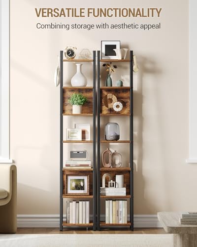 Hzuaneri Ladder Shelf, 7 Tier Narrow Bookshelf with 2 Back Panels | Corner Storage shelf with 2 Hooks, for Home Office, Living Room and Bedroom,12.2"D x 12.2"W x74.2''H,Rustic Brown BC31701B - size: 12.2"D x 12.2"W x 74.2"H