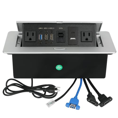 Table Pop Up Outlet, Desktop Pop Up Socket Center Countertop Socket Multimedia Strip Socket Connection Box Countertop with USB 3.0/2×AC/2×HDMI/USB-A/USB-C/LAN for Conference Desk Office(Silver-3) - style: Silver-3