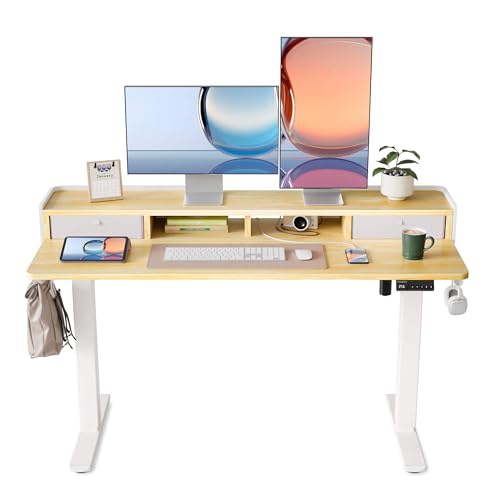 YIHAYO Electric Standing Desk with Drawers, 55 x 24 Inches Adjustable Desk with Storage Shelf, Stand Up Desk with Splice Board, Computer Table for Home Office, White Frame/Natural Top - color: White Frame/Natural Top, size: 55*24 Inch