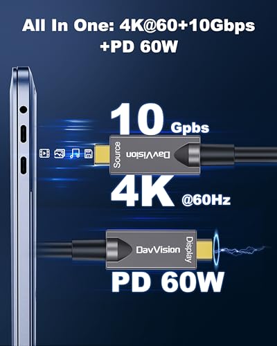 Full-Featured Fiber Optic USB C Video Cable 33FT, Support 4K@60Hz,10Gbps,PD 60W,USB 3.2 Active Optical Cable Built in German SiliconLine Chip for Logitech Camera,VR,Laptop,Video Conference - size: 33FT