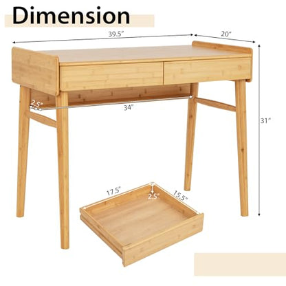 Tangkula Bamboo Mid Century Desk with 2 Storage Drawers, Home Office Study Writing Desk with Shelf & Cable Management Groove, Home Office Desk for Working & Learning (Natural) - color: Natural