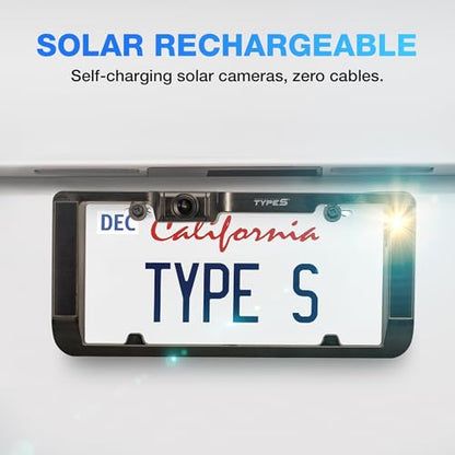 Type S Solar Powered Parking Assistant Set with Wireless Dual Backup Cams, 6.8'' Touchscreen Monitor, 720p HD Resolution, Enhanced Night Vision, Wide View Angle, Self-Charging, No Hardwire
