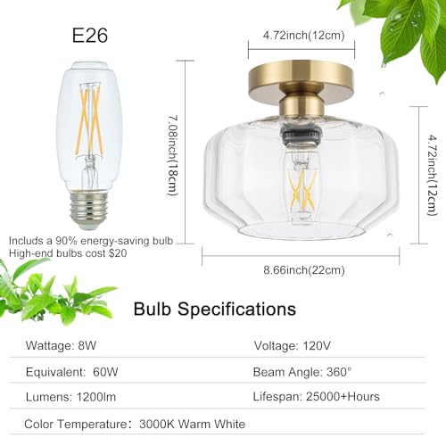 Tbaoinal Semi Flush Mount Ceiling Light with Diamond Glass Shade, 36-Faceted Panels Create Starburst Effect, 1200LM LED Bulb Included Brushed Gold Finish Ideal for Hallway Entryway Kitchen Bathroom - color: Gold Brass