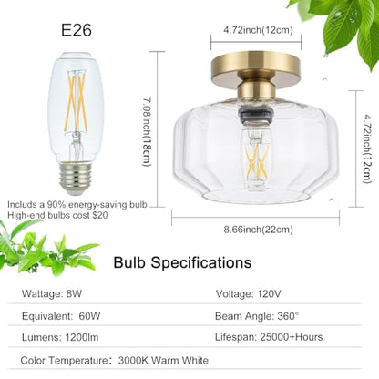 Tbaoinal Semi Flush Mount Ceiling Light with Diamond Glass Shade, 36-Faceted Panels Create Starburst Effect, 1200LM LED Bulb Included Brushed Gold Finish Ideal for Hallway Entryway Kitchen Bathroom - color: Gold Brass