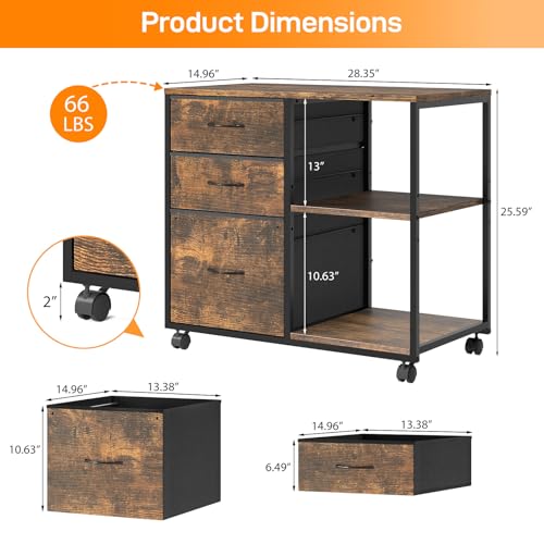 VINGLI 3 Drawer File Cabinet with Wheels Under Desk Printer Stand, Rolling File Cabinet with Shelves Adjustable, Mobile Lateral Filing Cabinet for Home Office, Fits Letter Size, Rustic Brown - color: Rustic Brown, size: Lateral 3 Drawers