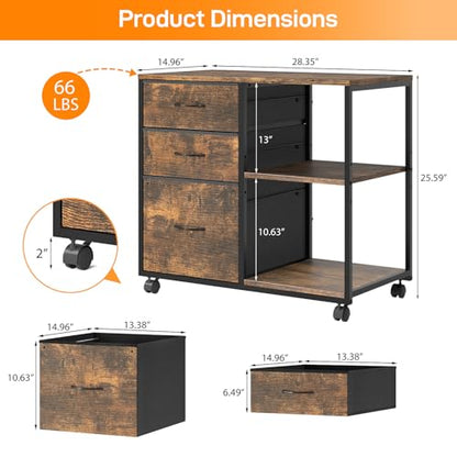 VINGLI 3 Drawer File Cabinet with Wheels Under Desk Printer Stand, Rolling File Cabinet with Shelves Adjustable, Mobile Lateral Filing Cabinet for Home Office, Fits Letter Size, Rustic Brown - color: Rustic Brown, size: Lateral 3 Drawers
