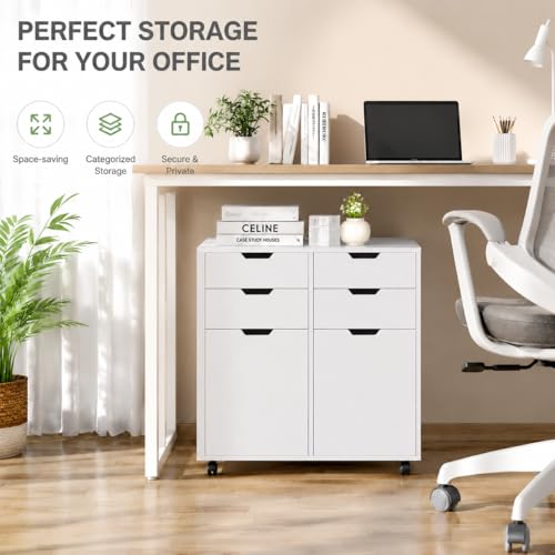 POWERSTONE Mobile File Cabinet with 4 Drawers & 2 Door, Rolling Under Desk Storage Chest with Lockable Wheels, Wood Printer Stand for Home Office Craft Room, White - color: White