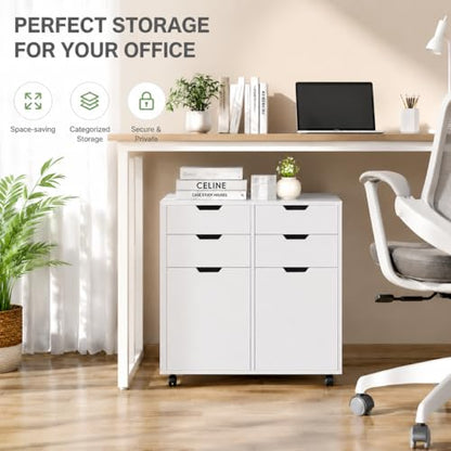 POWERSTONE Mobile File Cabinet with 4 Drawers & 2 Door, Rolling Under Desk Storage Chest with Lockable Wheels, Wood Printer Stand for Home Office Craft Room, White - color: White