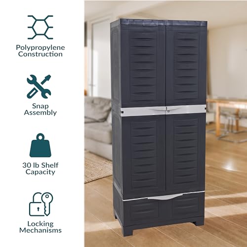 Sunnydaze 57" Garage Storage Cabinet with Locking Doors & Shelves, Shadow - color: Shadow, style: With Drawer - 57.5" H