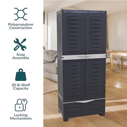 Sunnydaze 57" Garage Storage Cabinet with Locking Doors & Shelves, Shadow - color: Shadow, style: With Drawer - 57.5" H